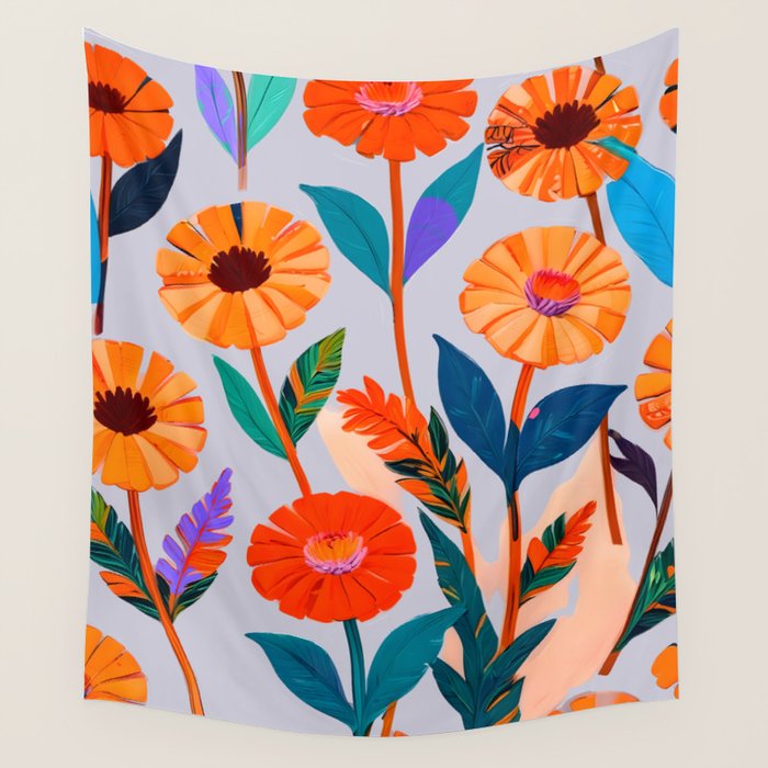 Marigold Celebration, Floral Nature, Botanical Flowers, Blossom Garden Bloom Summer India, Festival Celebrate Plants Leaves, Bohemian Illustration Painting Wall Tapestry Gallery Image 4