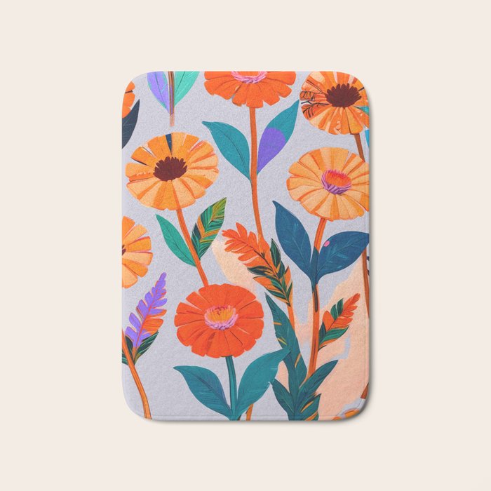 Marigold Celebration, Floral Nature, Botanical Flowers, Blossom Garden Bloom Summer India, Festival Celebrate Plants Leaves, Bohemian Illustration Painting Bath Mat Gallery Image 1