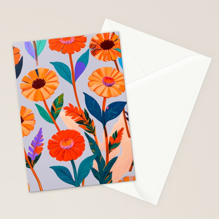 Marigold Celebration, Floral Nature, Botanical Flowers, Blossom Garden Bloom Summer India, Festival Celebrate Plants Leaves, Bohemian Illustration Painting Stationery Card Gallery Image 2