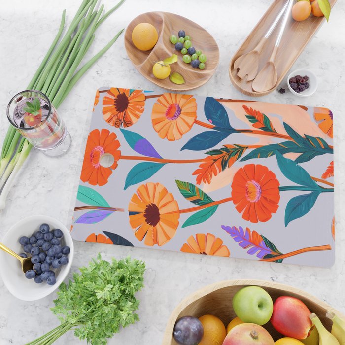 Marigold Celebration, Floral Nature, Botanical Flowers, Blossom Garden Bloom Summer India, Festival Celebrate Plants Leaves, Bohemian Illustration Painting Cutting Board Gallery Image 2