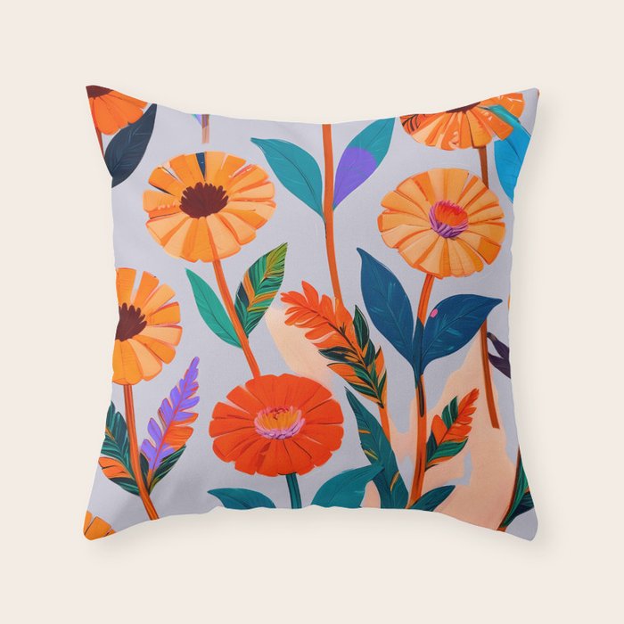 Marigold Celebration, Floral Nature, Botanical Flowers, Blossom Garden Bloom Summer India, Festival Celebrate Plants Leaves, Bohemian Illustration Painting Throw Pillow Gallery Image 1
