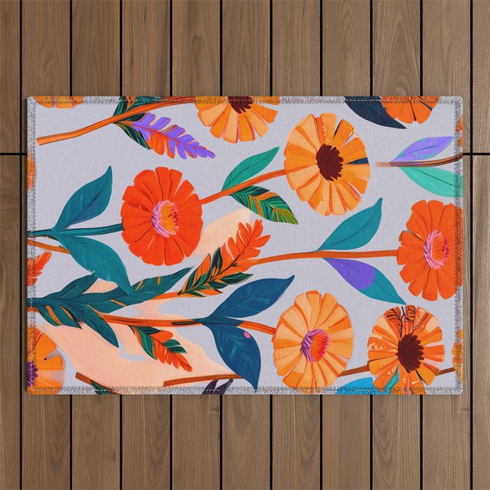 Marigold Celebration, Floral Nature, Botanical Flowers, Blossom Garden Bloom Summer India, Festival Celebrate Plants Leaves, Bohemian Illustration Painting Outdoor Rug Gallery Image 1