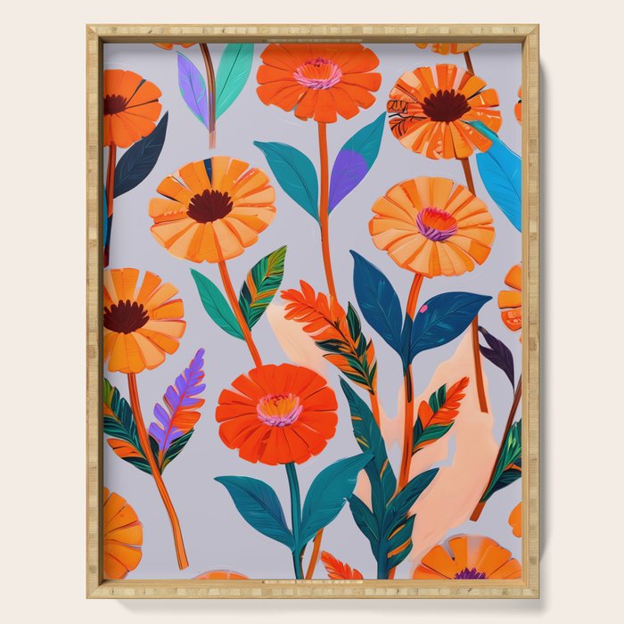 Marigold Celebration, Floral Nature, Botanical Flowers, Blossom Garden Bloom Summer India, Festival Celebrate Plants Leaves, Bohemian Illustration Painting Serving Tray Gallery Image 1