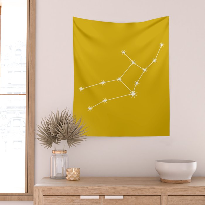 Virgo Zodiac Star Constellation Line Art Golden Yellow Wall Tapestry Gallery Image 2