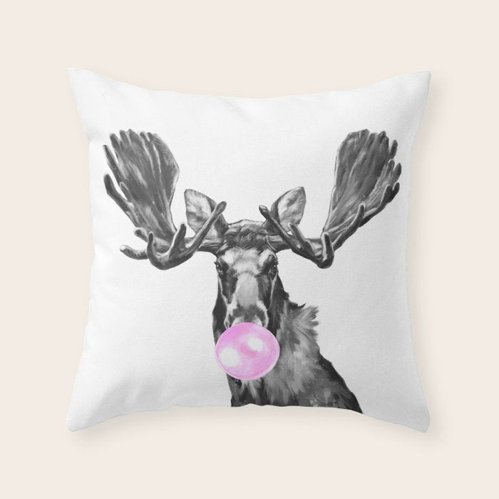 Bubble Gum Moose in Black and White Throw Pillow Gallery Image 6