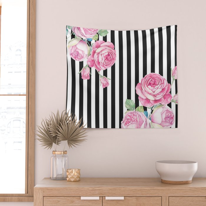 Black white blush pink watercolor floral stripes Wall Tapestry Gallery Image 2