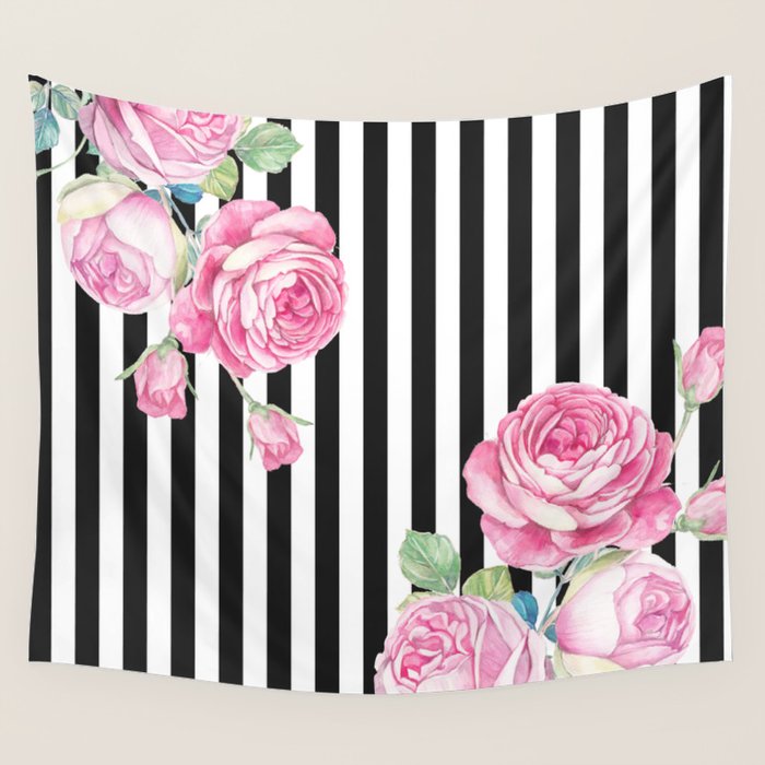 Black white blush pink watercolor floral stripes Wall Tapestry Gallery Image 1