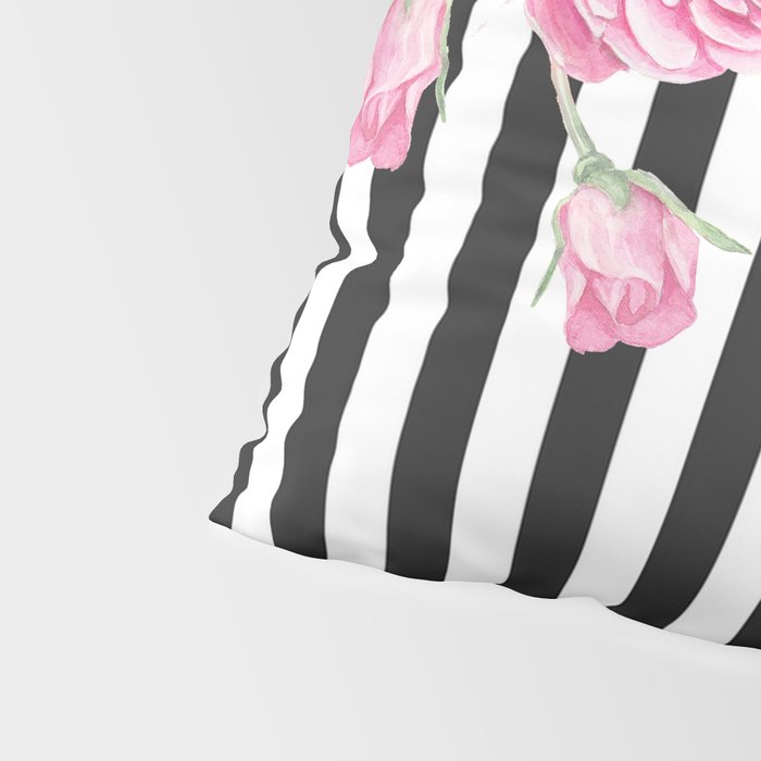 Black white blush pink watercolor floral stripes Pillow Sham Gallery Image 4