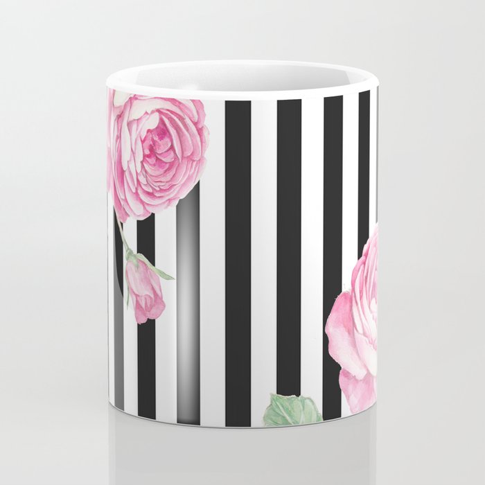 Black white blush pink watercolor floral stripes Coffee Mug Gallery Image 4