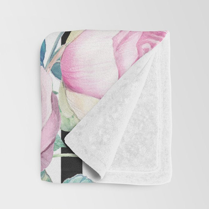 Black white blush pink watercolor floral stripes Throw Blanket Gallery Image 3