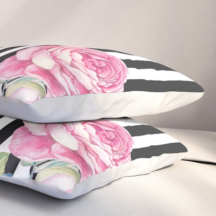 Black white blush pink watercolor floral stripes Pillow Sham Gallery Image 3