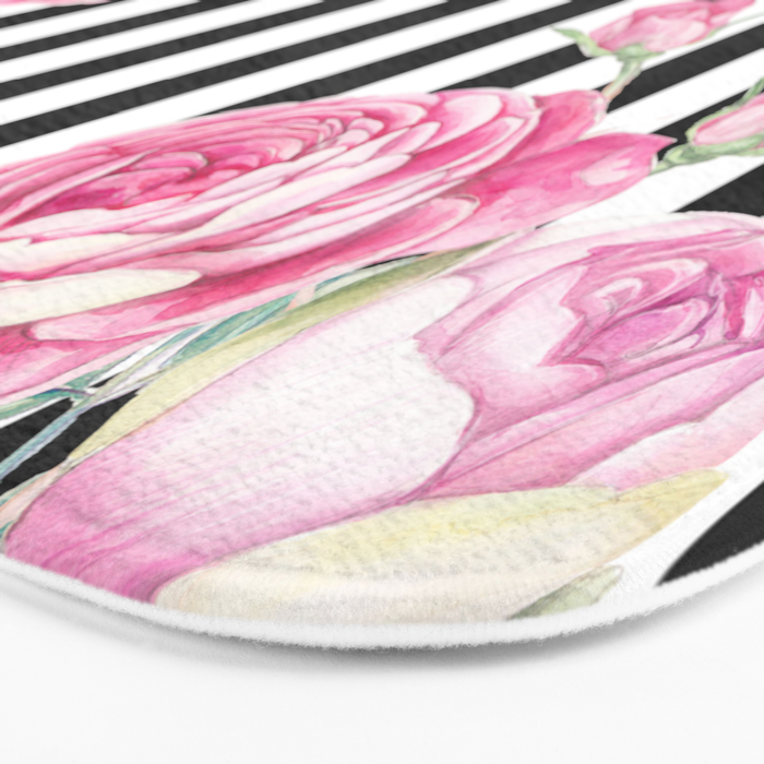 Black white blush pink watercolor floral stripes Bath Mat Gallery Image 3