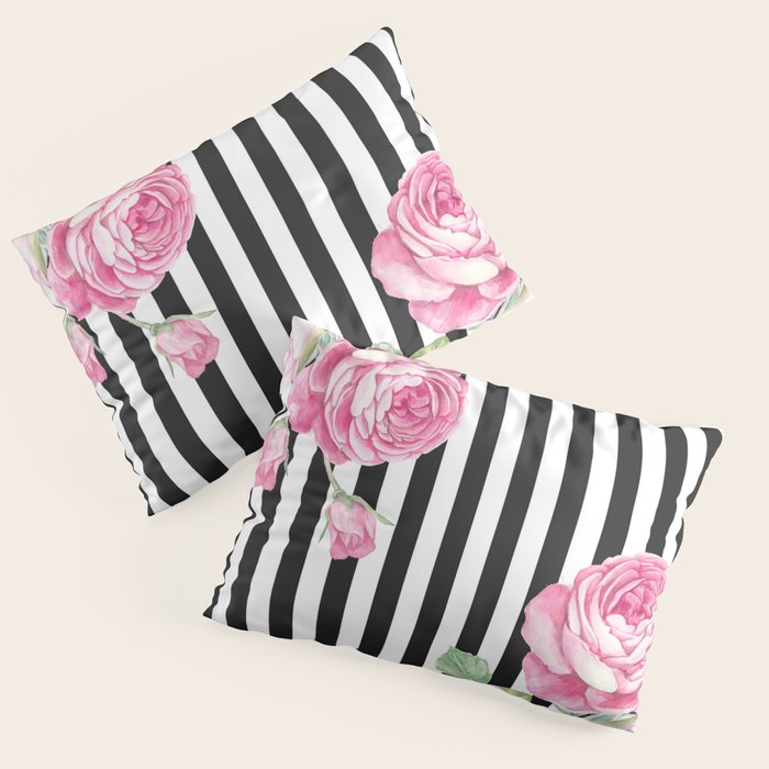 Black white blush pink watercolor floral stripes Pillow Sham Gallery Image 3