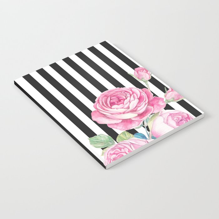 Black white blush pink watercolor floral stripes Notebook Gallery Image 2