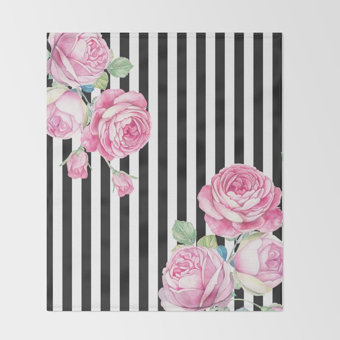 Black white blush pink watercolor floral stripes Throw Blanket Gallery Image 2