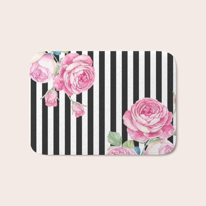 Black white blush pink watercolor floral stripes Bath Mat Gallery Image 1