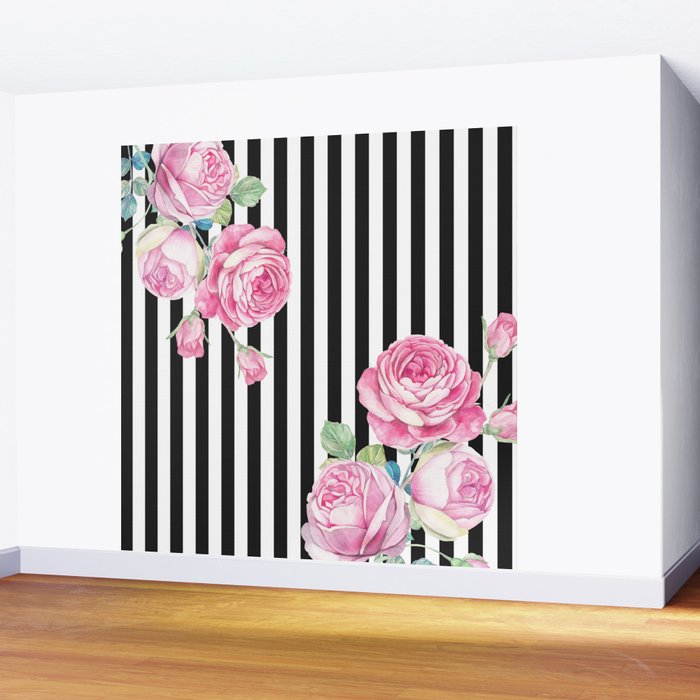 Black white blush pink watercolor floral stripes Wall Mural Gallery Image 2