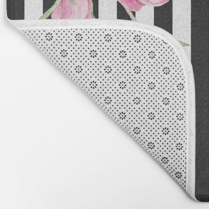 Black white blush pink watercolor floral stripes Bath Mat Gallery Image 2