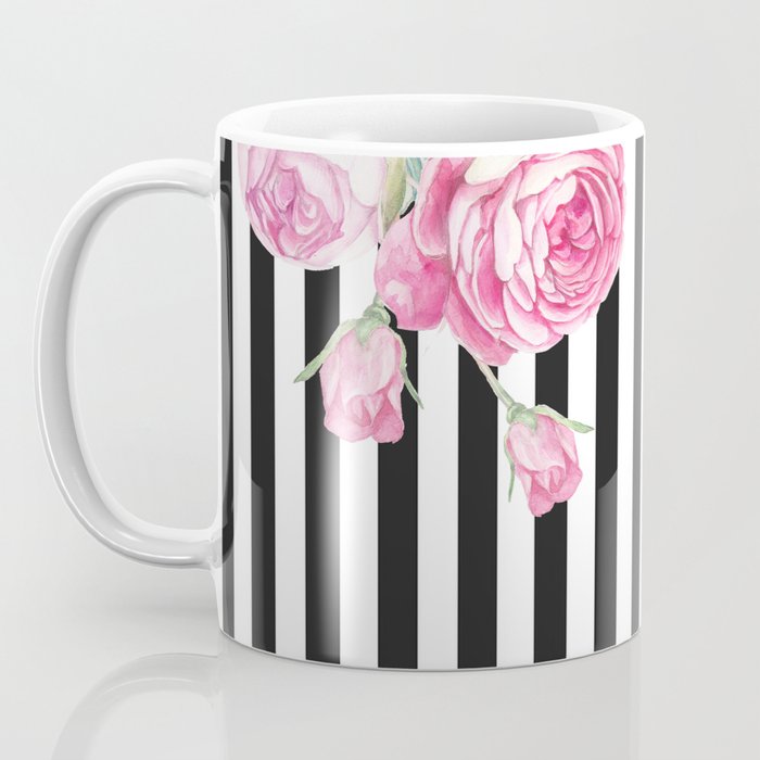 Black white blush pink watercolor floral stripes Coffee Mug Gallery Image 3
