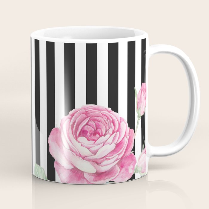 Black white blush pink watercolor floral stripes Coffee Mug Gallery Image 1
