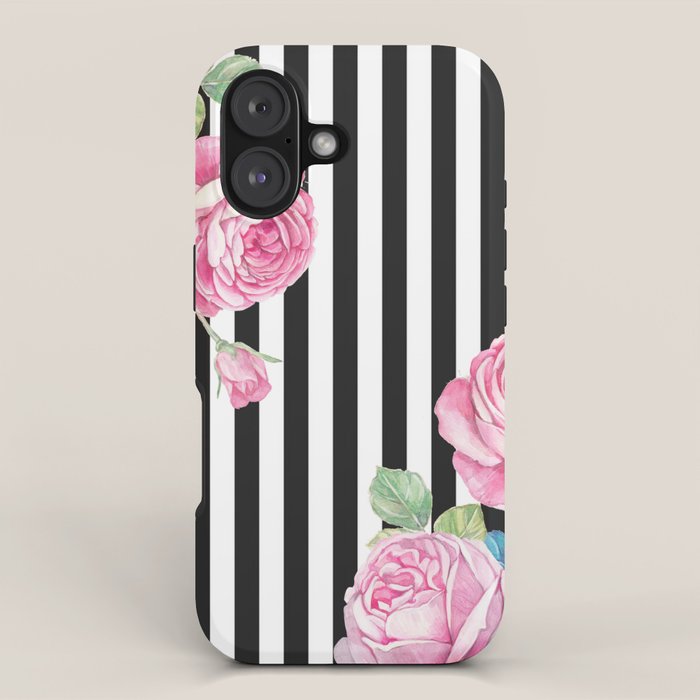 Black white blush pink watercolor floral stripes iPhone Case Gallery Image 1