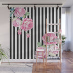 Black white blush pink watercolor floral stripes Wall Mural Gallery Image 1