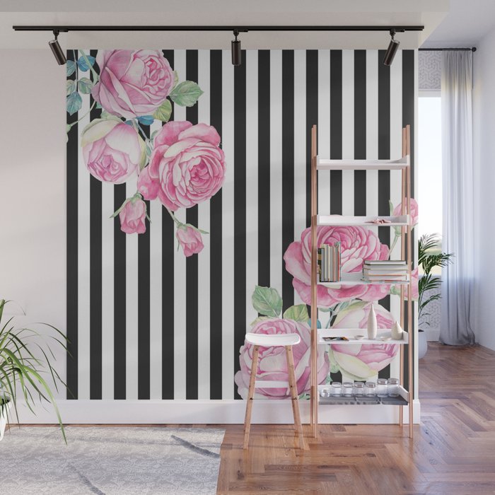 Black white blush pink watercolor floral stripes Wall Mural Gallery Image 1