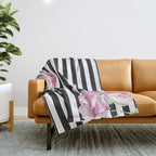 Black white blush pink watercolor floral stripes Throw Blanket Gallery Image 1