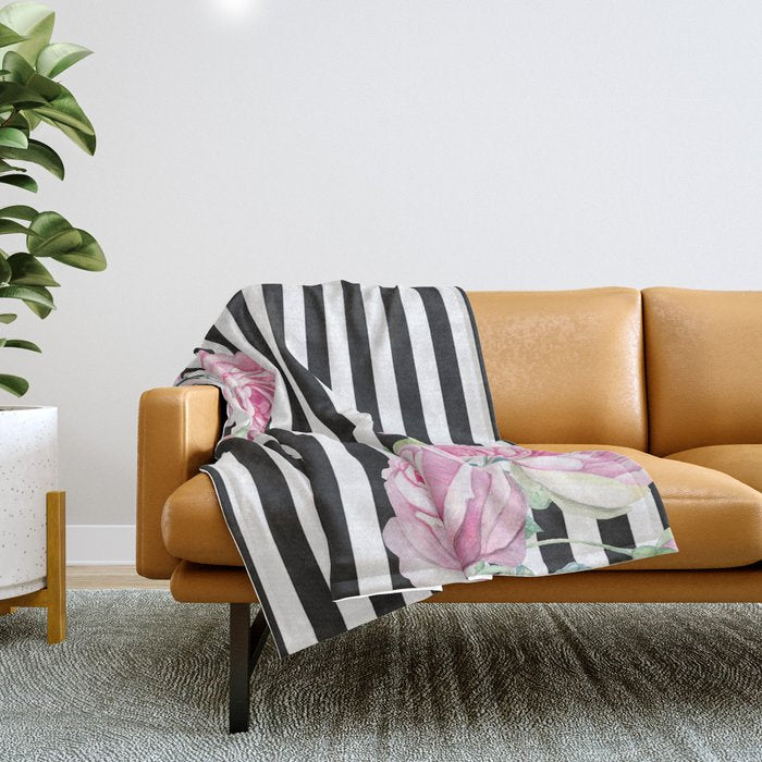 Black white blush pink watercolor floral stripes Throw Blanket Gallery Image 1