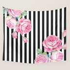Black white blush pink watercolor floral stripes Wall Tapestry Gallery Image 4