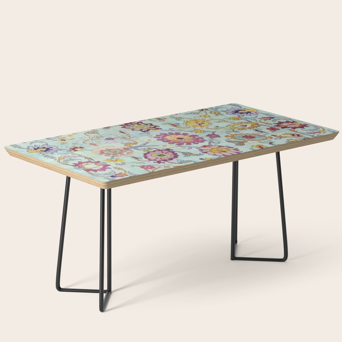 Turkish Oushak Blue Floral Rug Pattern Coffee Table Gallery Image 1
