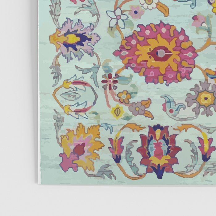 Turkish Oushak Blue Floral Rug Pattern Poster Gallery Image 3