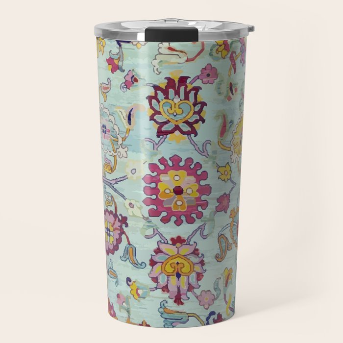 Turkish Oushak Blue Floral Rug Pattern Travel Mug Gallery Image 1