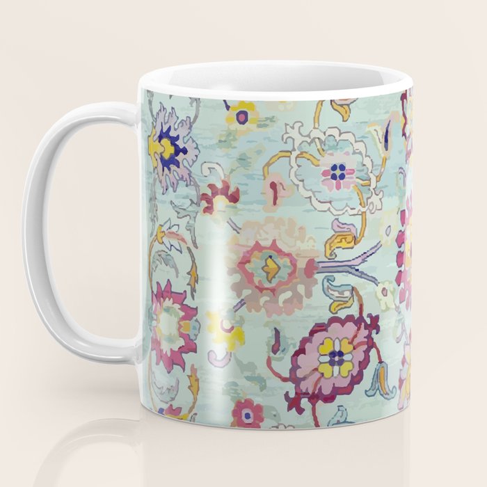 Turkish Oushak Blue Floral Rug Pattern Coffee Mug Gallery Image 3