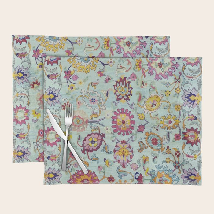 Turkish Oushak Blue Floral Rug Pattern Placemat Gallery Image 1