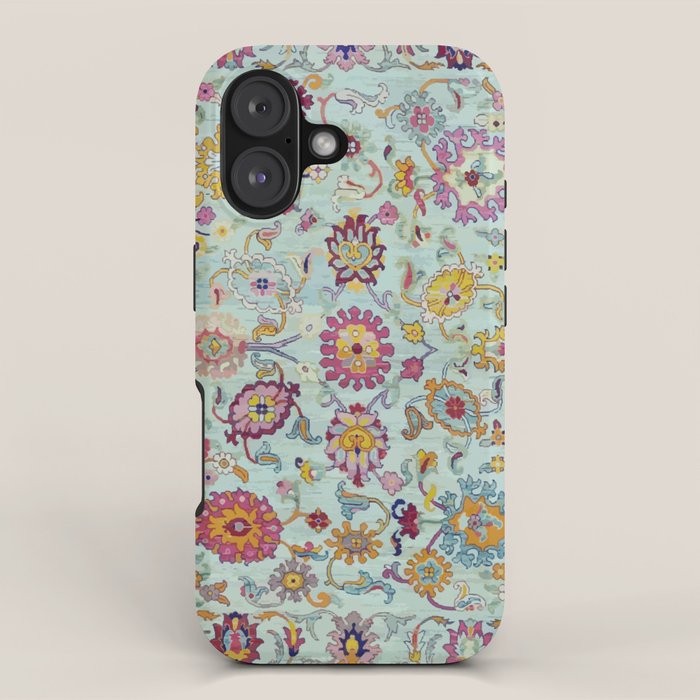 Turkish Oushak Blue Floral Rug Pattern iPhone Case Gallery Image 1