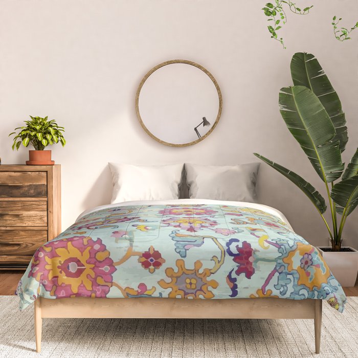 Turkish Oushak Blue Floral Rug Pattern Comforter Gallery Image 3