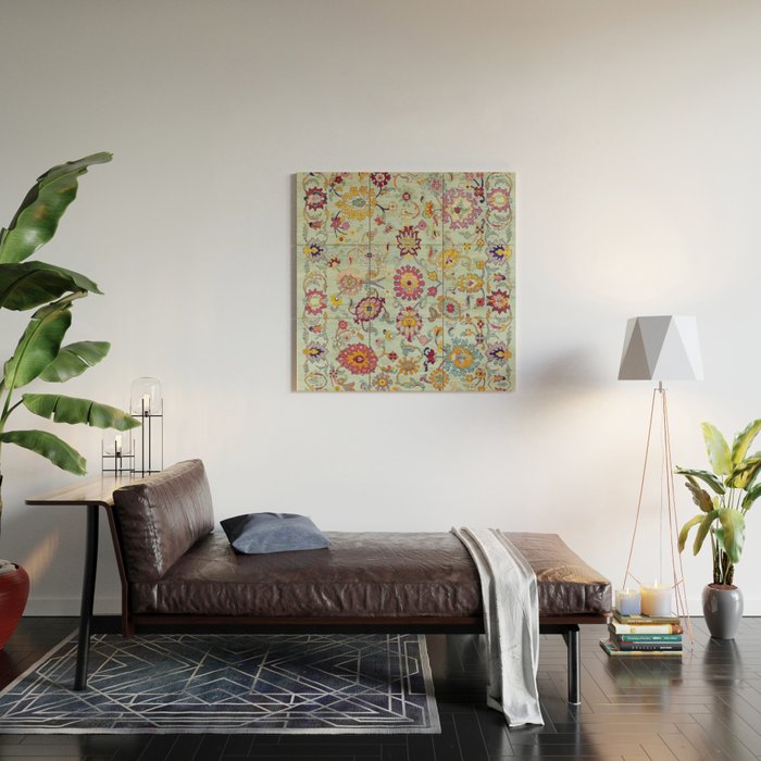 Turkish Oushak Blue Floral Rug Pattern Wood Wall Art Gallery Image 2