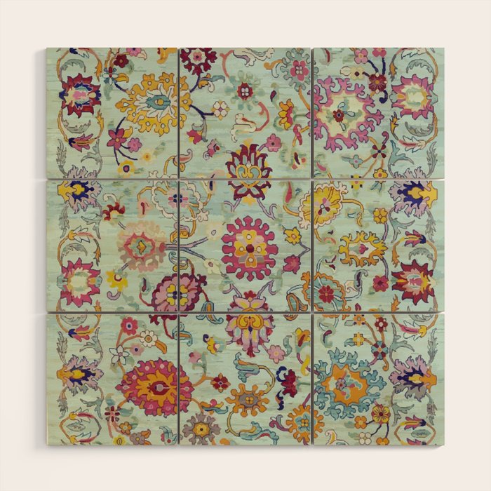 Turkish Oushak Blue Floral Rug Pattern Wood Wall Art Gallery Image 1