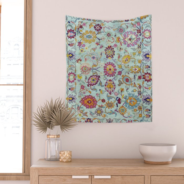 Turkish Oushak Blue Floral Rug Pattern Wall Tapestry Gallery Image 2