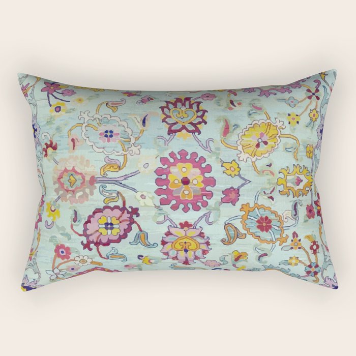 Turkish Oushak Blue Floral Rug Pattern Rectangular Pillow Gallery Image 2