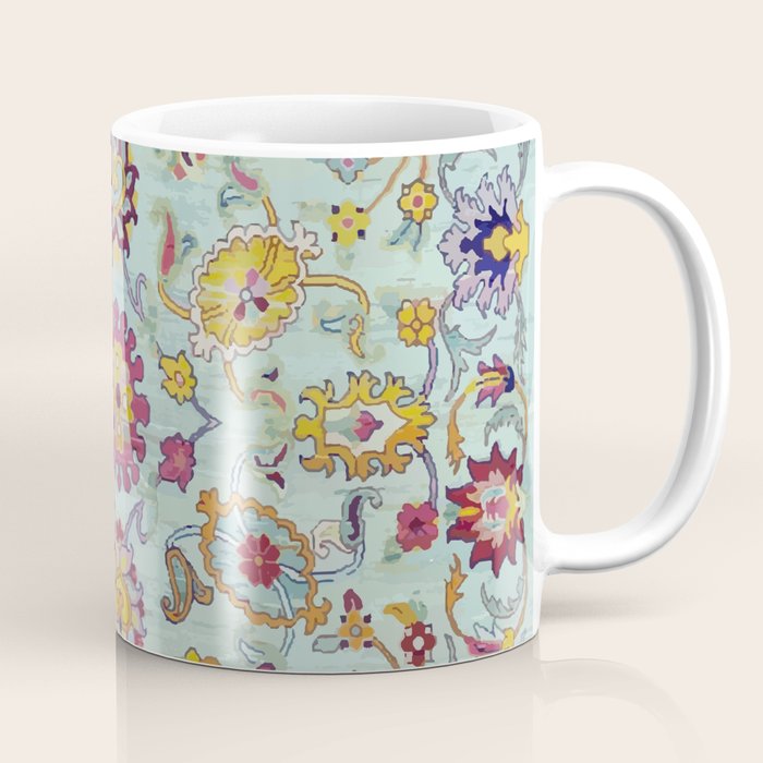 Turkish Oushak Blue Floral Rug Pattern Coffee Mug Gallery Image 1
