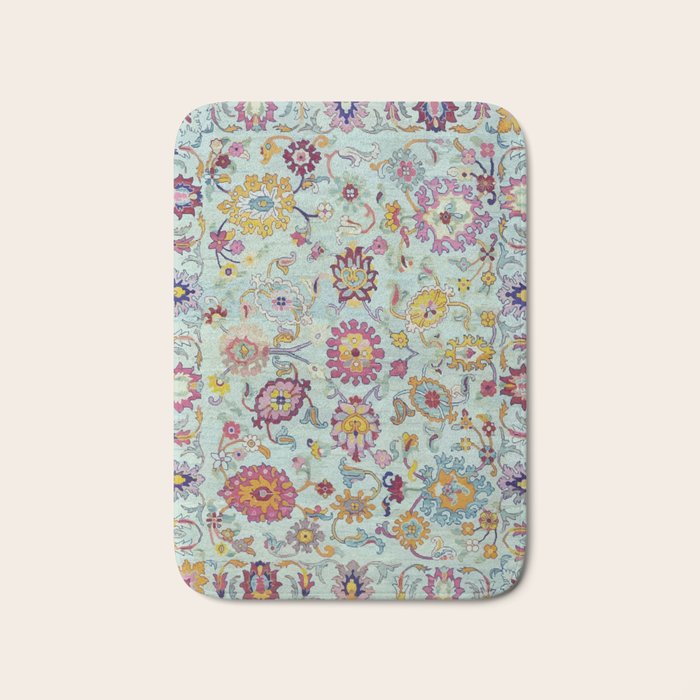 Turkish Oushak Blue Floral Rug Pattern Bath Mat Gallery Image 1