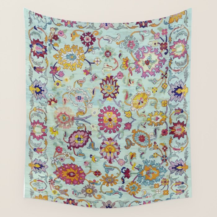 Turkish Oushak Blue Floral Rug Pattern Wall Tapestry Gallery Image 4