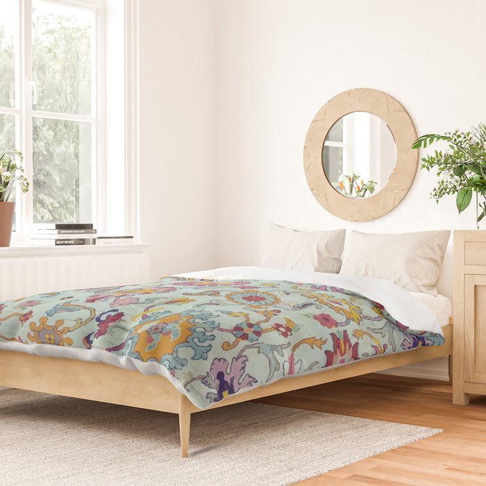 Turkish Oushak Blue Floral Rug Pattern Duvet Cover Gallery Image 2