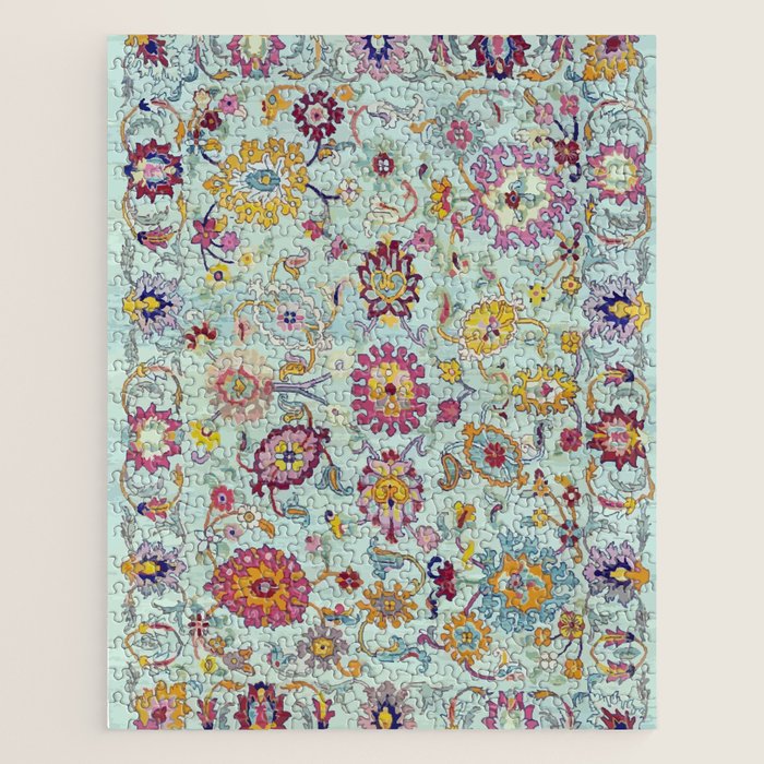 Turkish Oushak Blue Floral Rug Pattern Jigsaw Puzzle Gallery Image 1