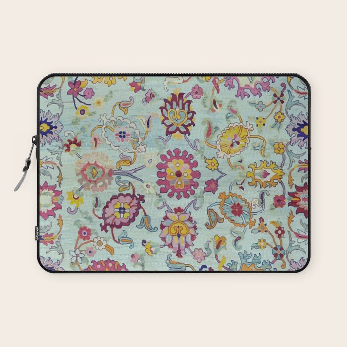 Turkish Oushak Blue Floral Rug Pattern Laptop Sleeve Gallery Image 1