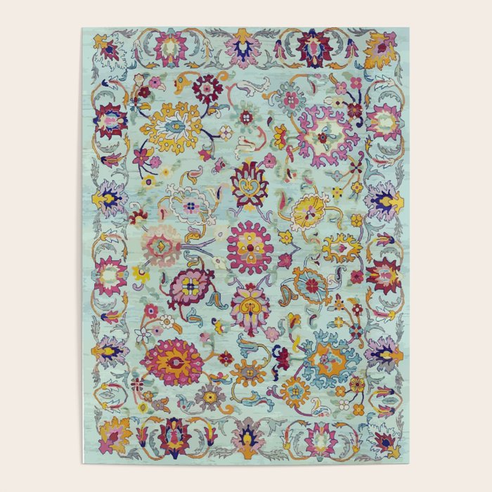 Turkish Oushak Blue Floral Rug Pattern Poster Gallery Image 4