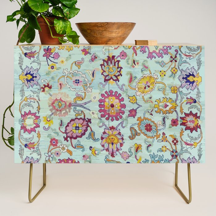 Turkish Oushak Blue Floral Rug Pattern Credenza Gallery Image 1