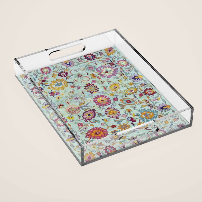 Turkish Oushak Blue Floral Rug Pattern Acrylic Tray Gallery Image 1